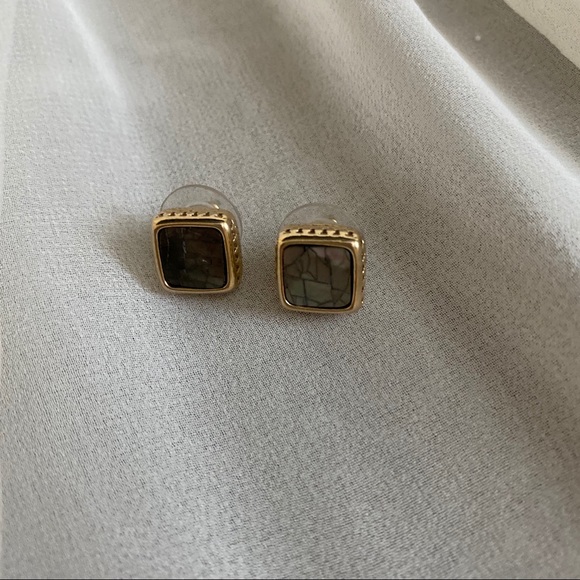 VTG Earth Tone Iridescent Crackle Square Earrings - Picture 2 of 6